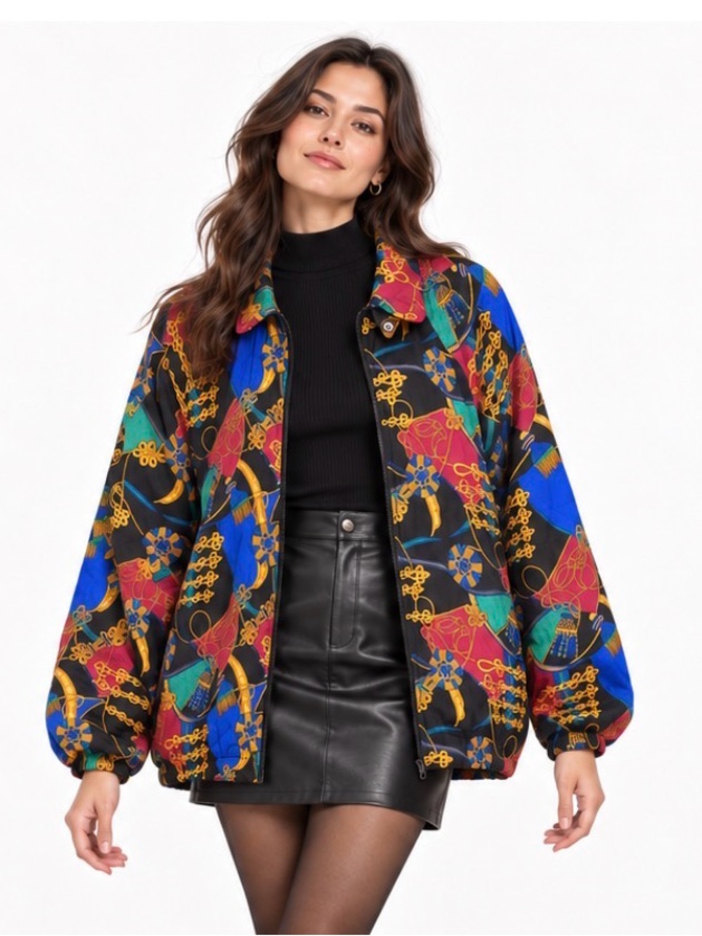 Vintage Talbots Baroque Chain Scarf Print Nylon Windbreaker Jacket Large